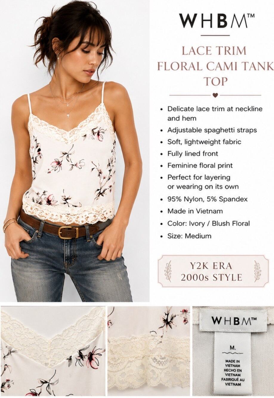 Y2K Indie Sleaze Layering WHBM Lace Trim Floral Cami Tank Top Size M Ivory